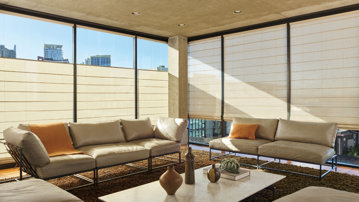 woven texture roller shades open at the top and closed on the right in living room